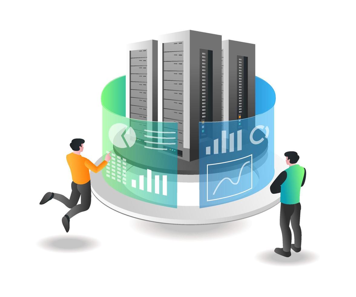 Isometric illustration concept. The team is analyzing server data and security vector