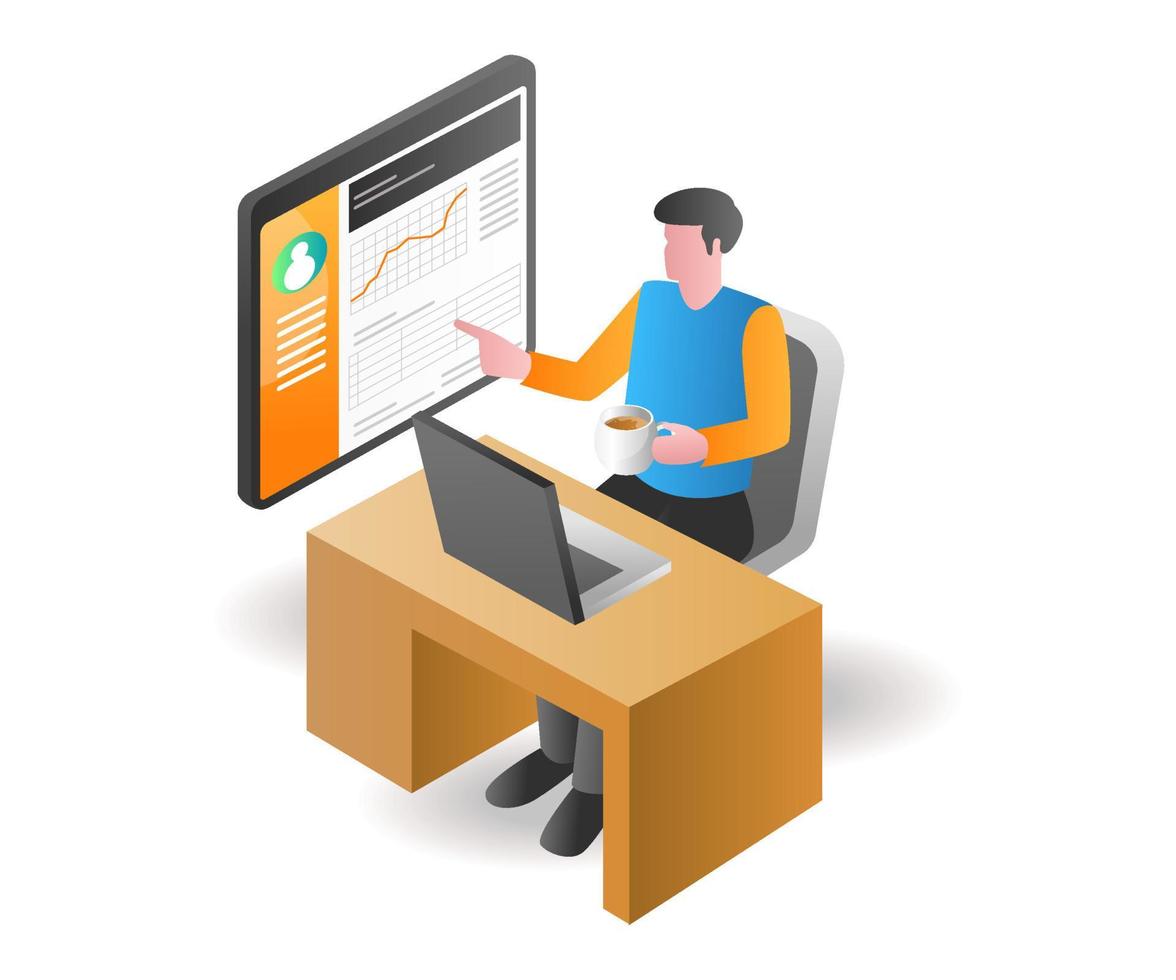 Illustration isometric concept. man looking at investment business analysis data development vector