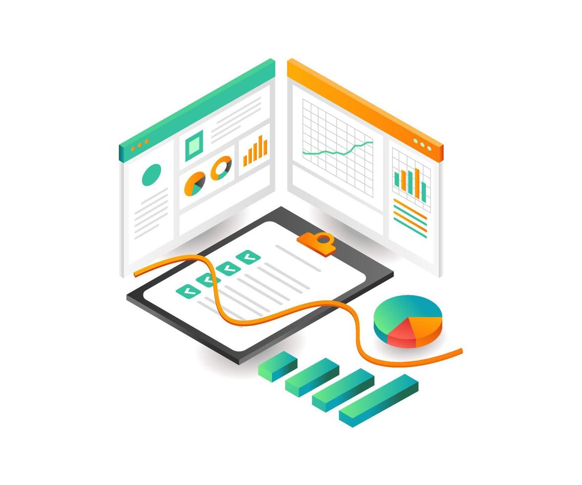 Illustration isometric concept. Data analyst business plan vector