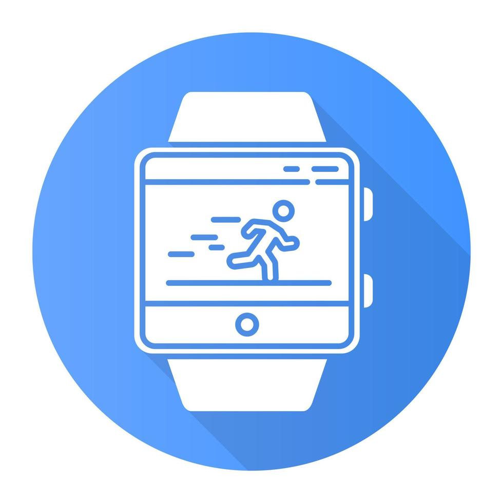 Fitness tracker running application blue flat design long shadow glyph icon. Smartwatch function and wellness service. Sport app. Speedometer and steps tracking. Vector silhouette illustration