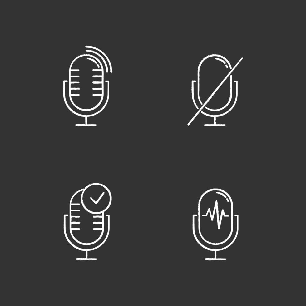 Microphone using modes chalk icons set. Voice control idea. Sound recorder installation. Speech recognition process. Mic connection problem. Technical mistake.Isolated vector chalkboard illustrations