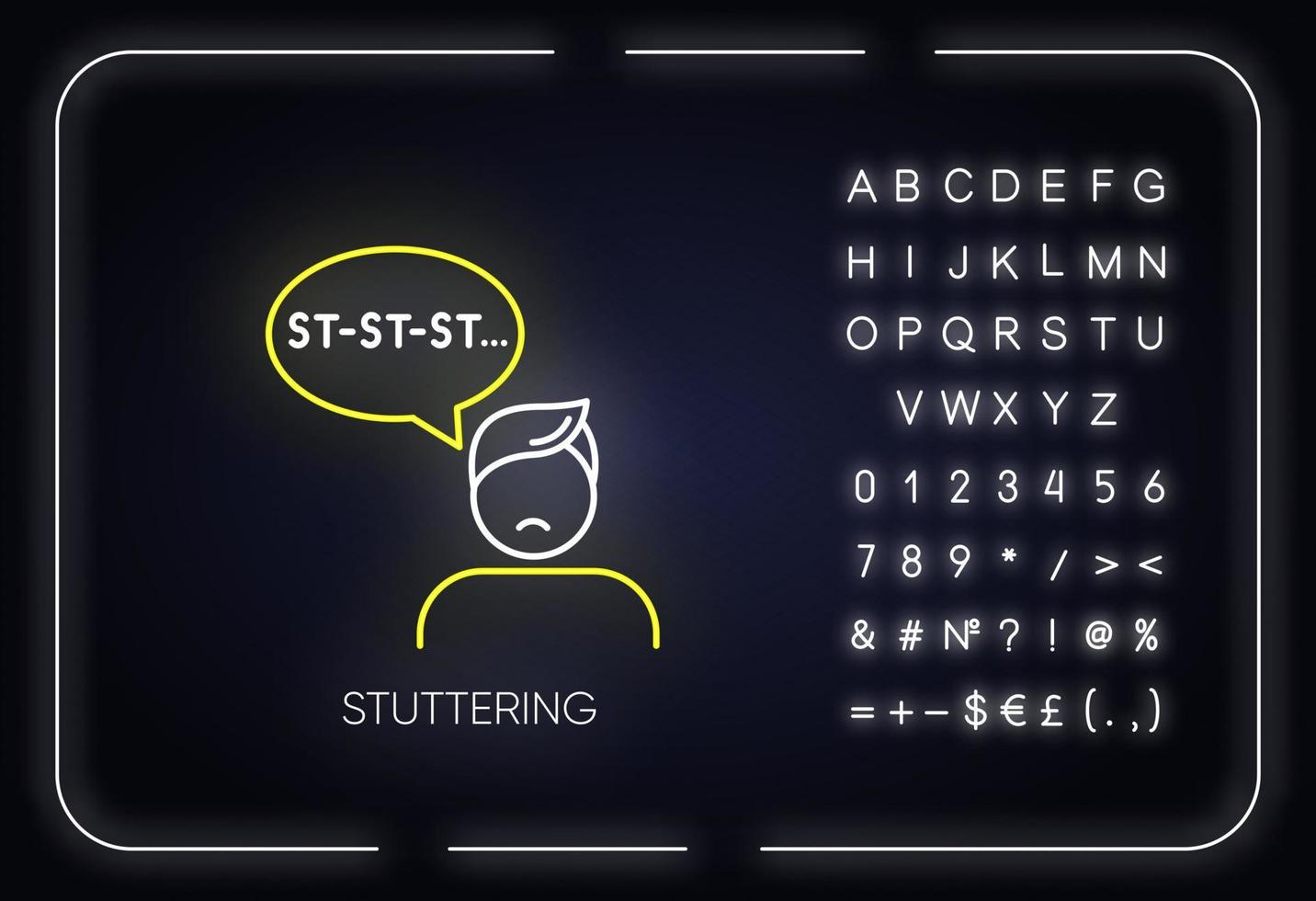 Stuttering neon light icon. Speech problem. Sound prolongation. Oral communication issue. Mental disorder. Glowing sign with alphabet, numbers and symbols. Vector isolated illustration