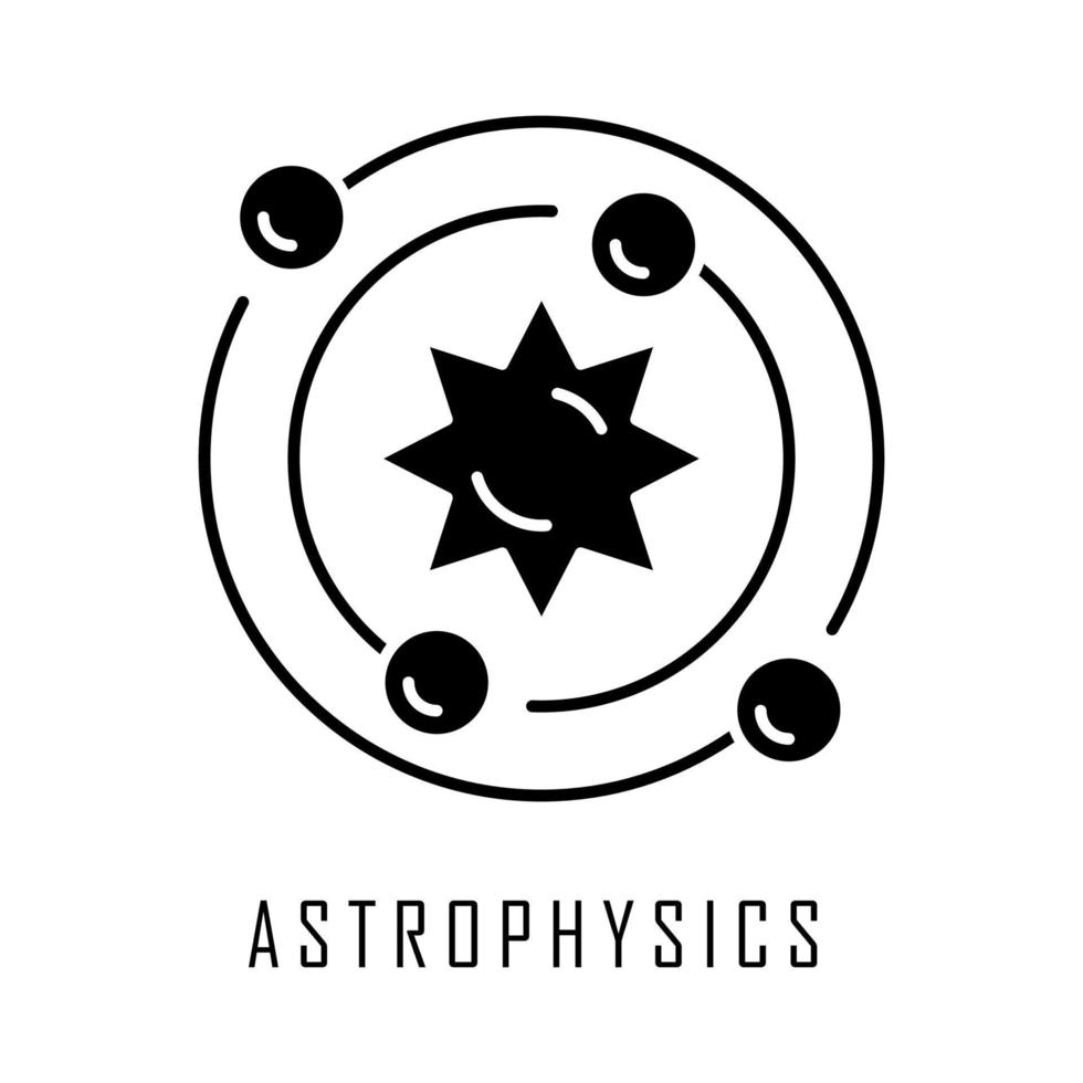 Astrophysics glyph icon. Astronomy branch. Study of universe, stars, planets, galaxies. Astrophysical discoveries. Cosmology. Silhouette symbol. Negative space. Vector isolated illustration