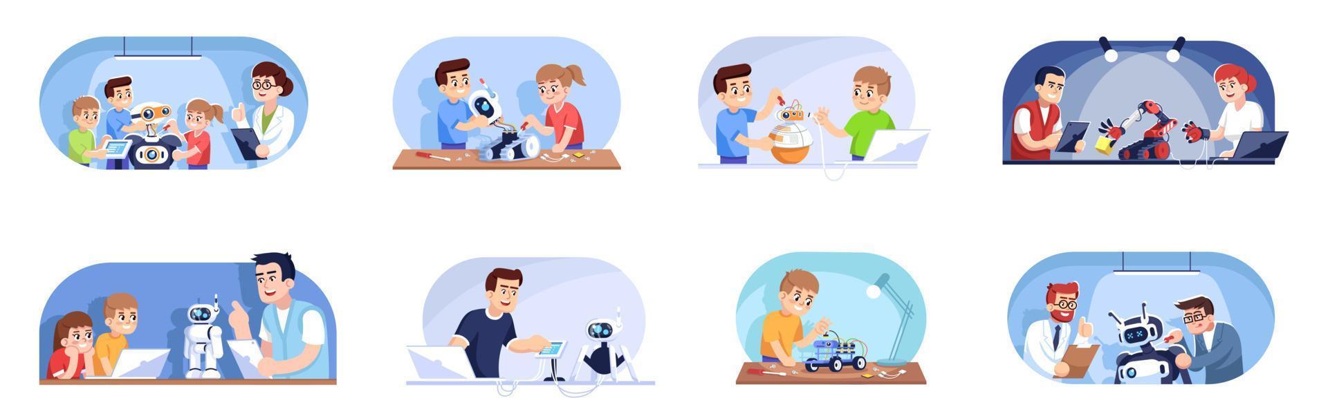 Robotics courses flat vector illustrations set. Robots designing, programming and repairing. Smart technologies. Children and adults in computer science club cartoon characters