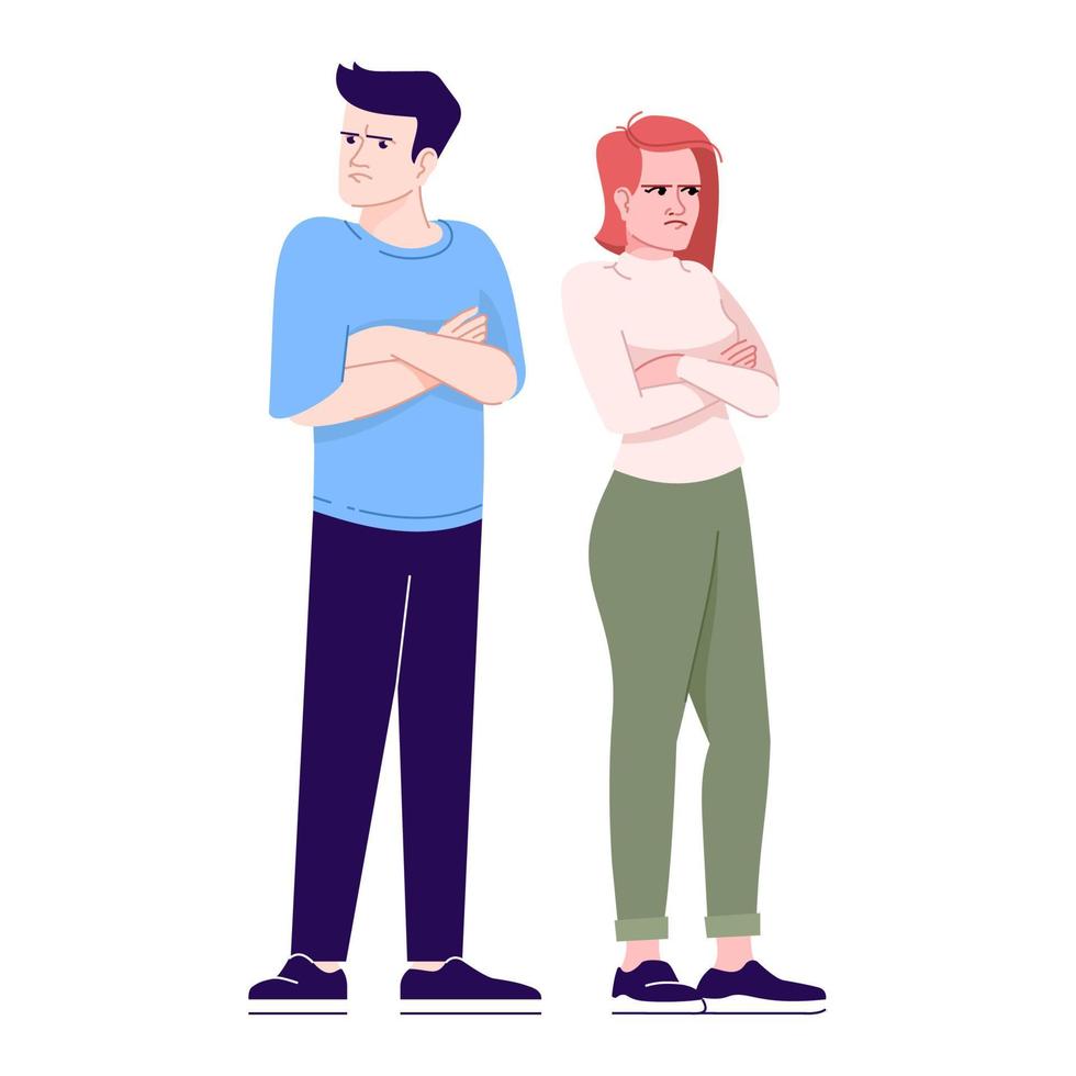 Couple resentment and misunderstanding flat vector illustration. Angry offended boy and girl. Sad man and woman isolated cartoon characters with outline elements on white background