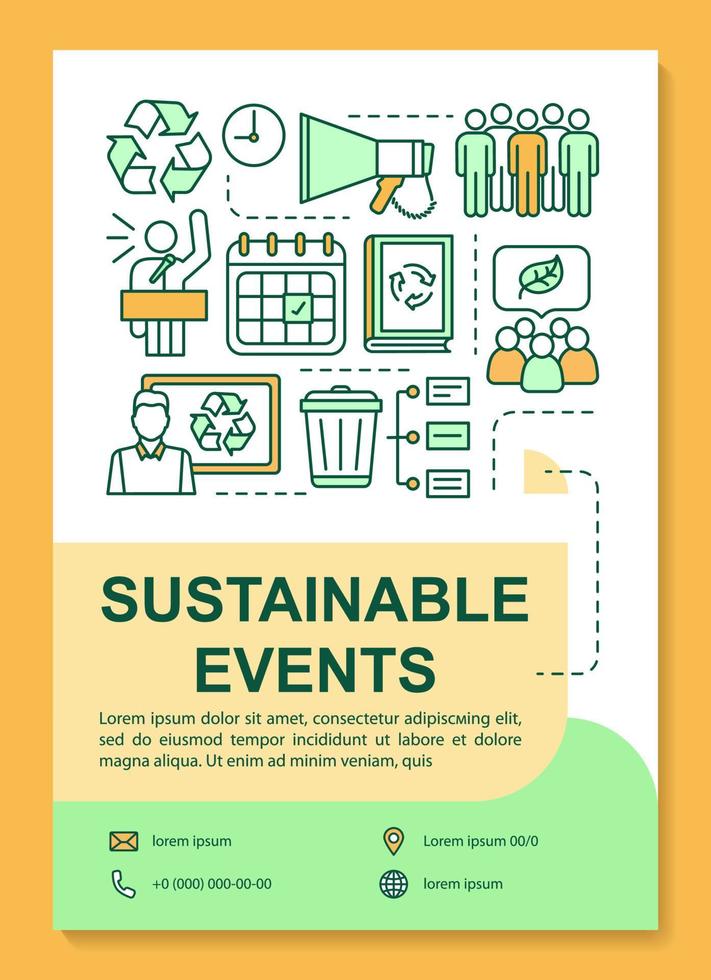 diseño de plantilla de póster de evento sostenible. reunión de protección del medio ambiente. banner, folleto, diseño de impresión de folleto con iconos lineales. evento de cero residuos. diseños de página de folleto vectorial para folletos publicitarios vector