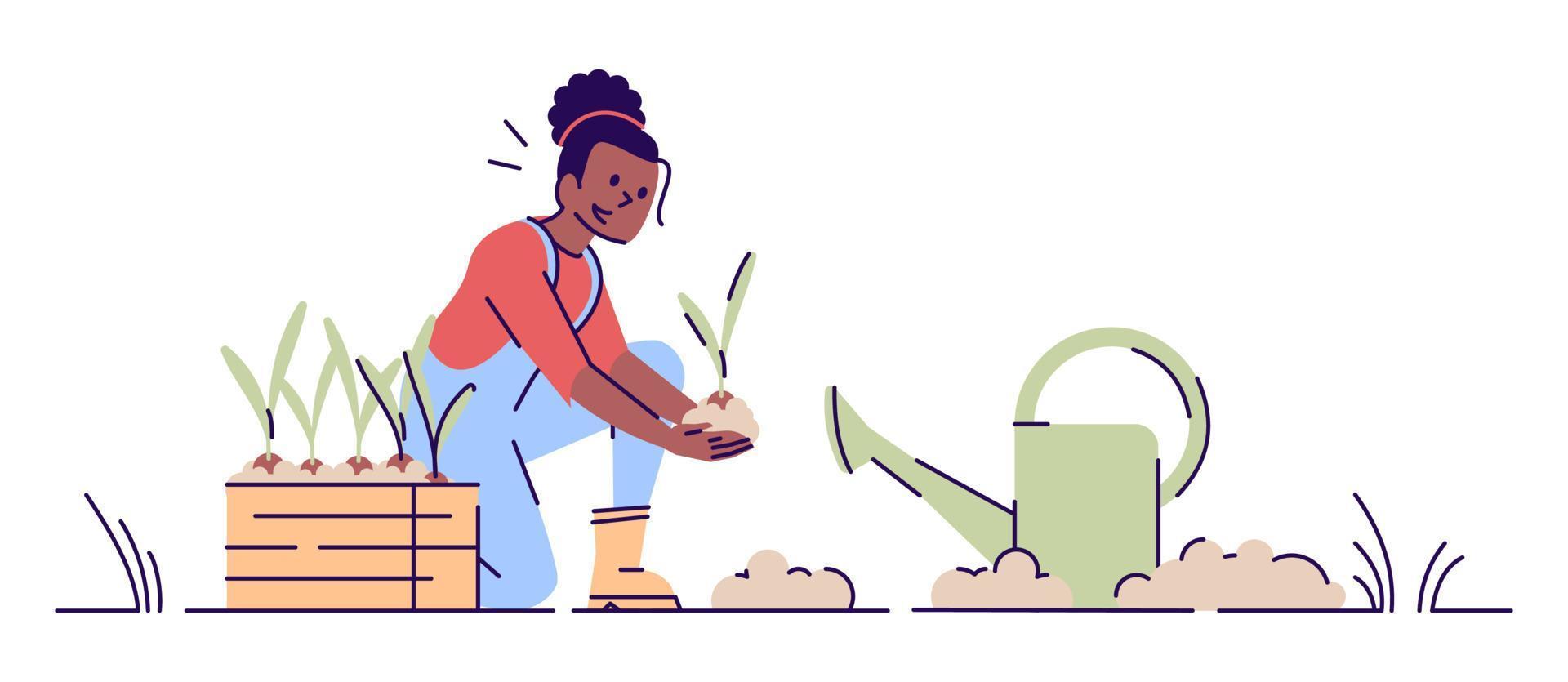 Girl gardening flat vector illustration. African american woman planting seedlings with watering can cartoon character. Farmer cultivating crop. Plant nursery works isolated concept with outline