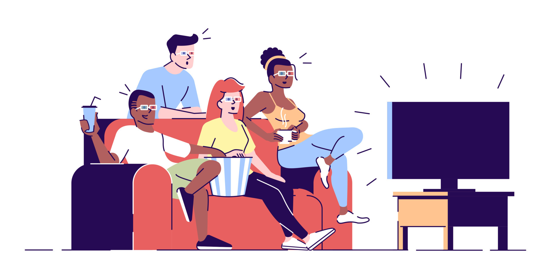 Watching movie in 3d glasses flat vector illustration. Friends, students enjoy film on TV set, with popcorn and drinks isolated together cartoon characters with outline elements on white background.. 5648406 Vector Art Watching movie in 3d glasses flat vector illustration. Friends, students enjoy film on TV set, with popcorn and drinks isolated together cartoon characters with outline elements on white background.. 5648406 Vector Art