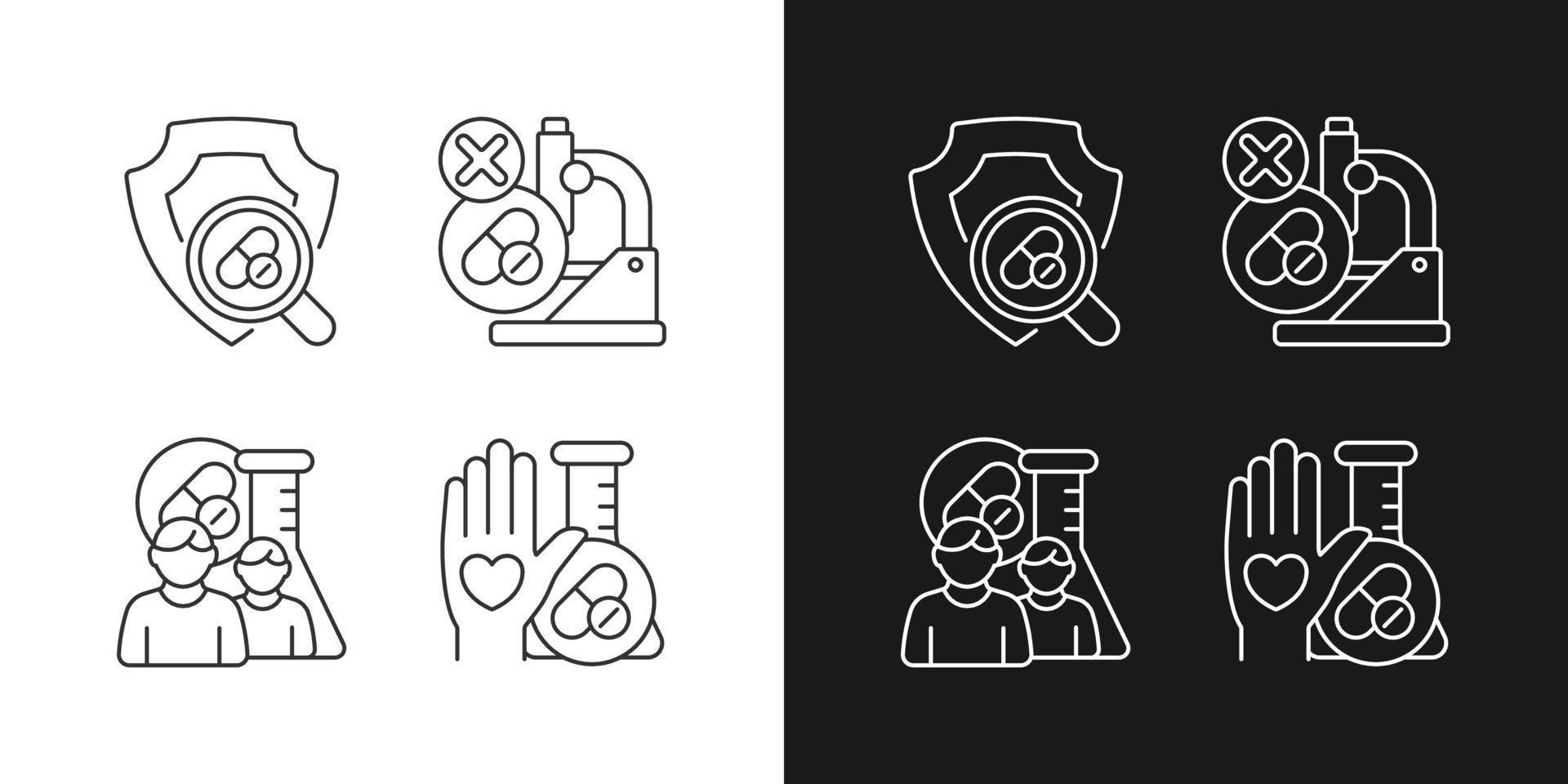 iconos lineales de instalaciones de investigación clínica establecidos para modo oscuro y claro. proyecto fallido. voluntario humano. símbolos de línea fina personalizables. ilustraciones aisladas de contorno vectorial. trazo editable vector