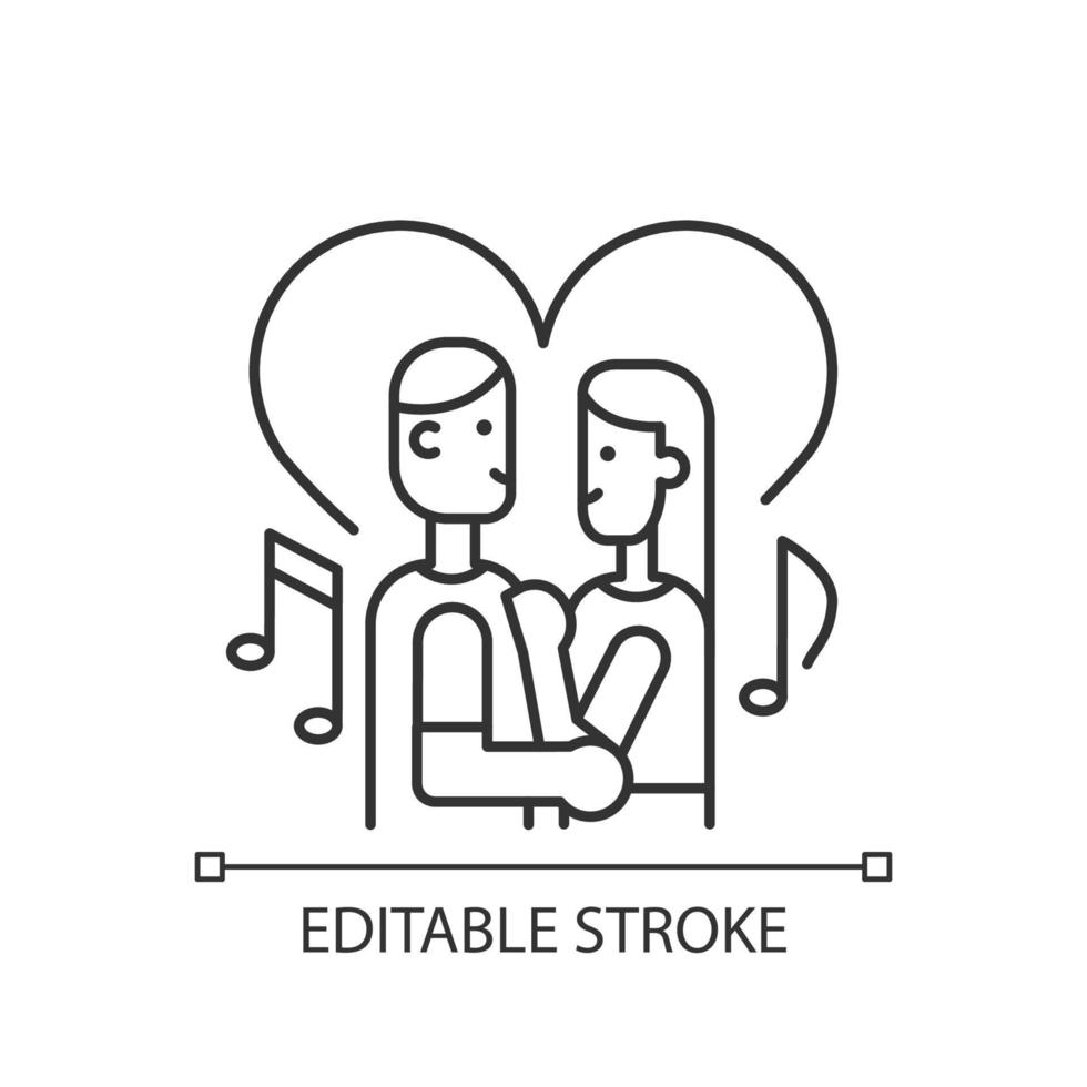 Couple dancing linear icon. Married young people slow dancing. Party activities for lovers. Thin line customizable illustration. Contour symbol. Vector isolated outline drawing. Editable stroke