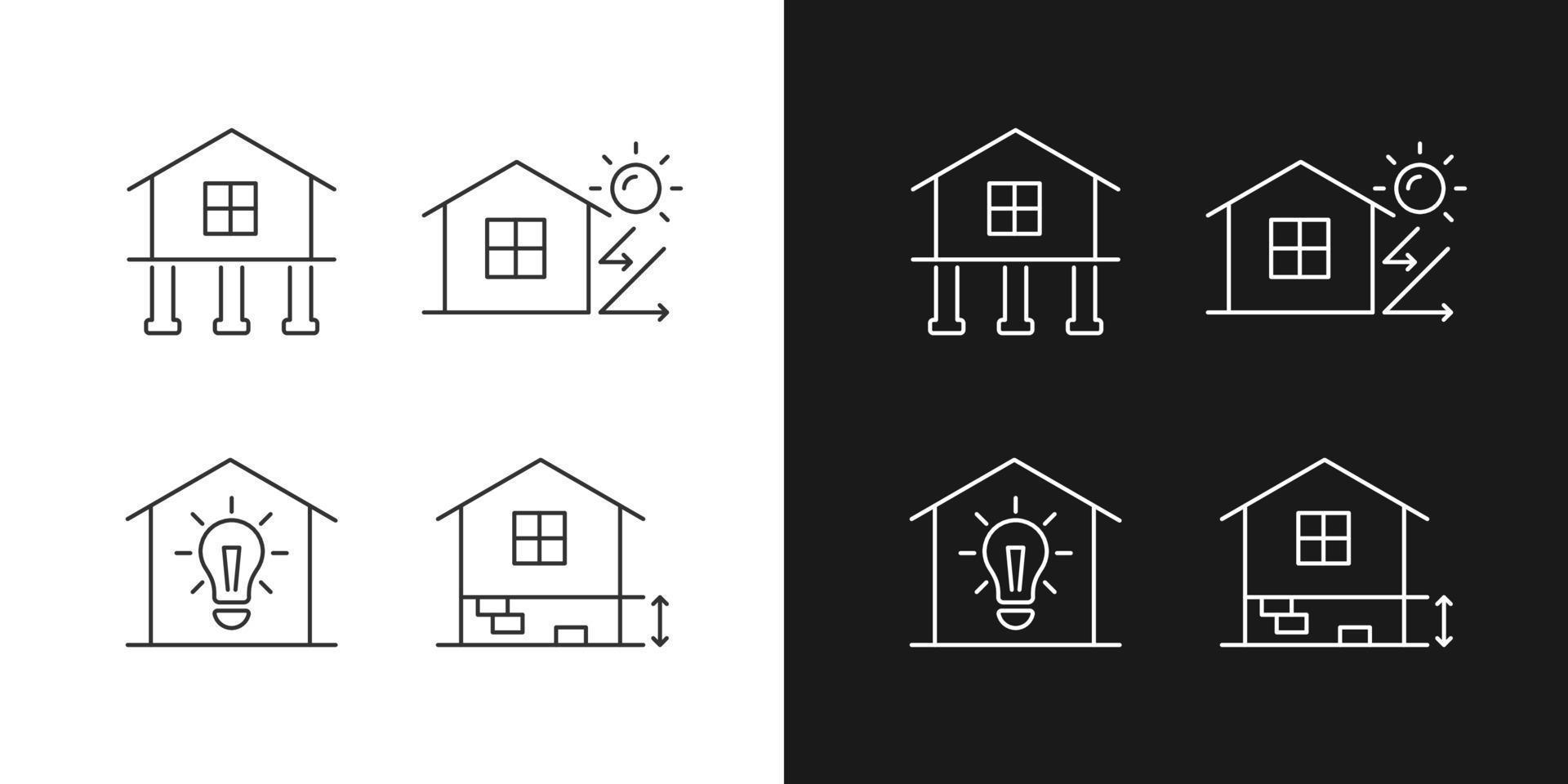 Residential building linear icons set for dark and light mode. Pile foundation. Electricity supply to home. Customizable thin line symbols. Isolated vector outline illustrations. Editable stroke