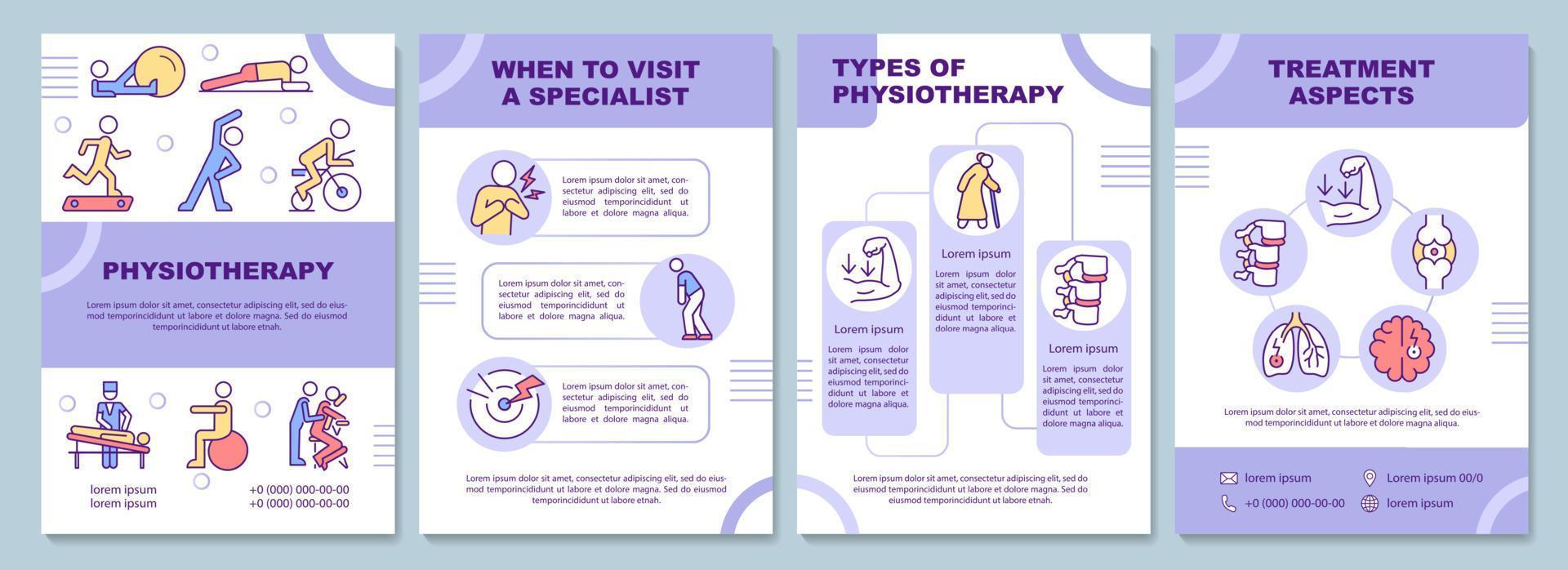 Physiotherapy brochure template. Health care treatment. Flyer, booklet, leaflet print, cover design with linear icons. Vector layouts for presentation, annual reports, advertisement pages