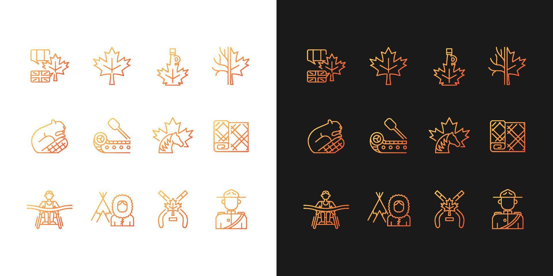 Canadian symbols gradient icons set for dark and light mode. Official canadian emblem. Thin line contour symbols bundle. Isolated vector outline illustrations collection on black and white