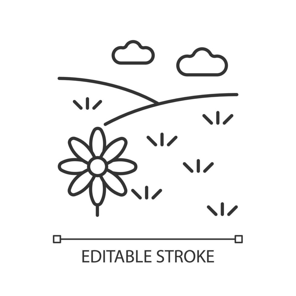 Meadow linear icon. Grass covered open land. Field with flowers. Grassland and pastureland. Thin line customizable illustration. Contour symbol. Vector isolated outline drawing. Editable stroke