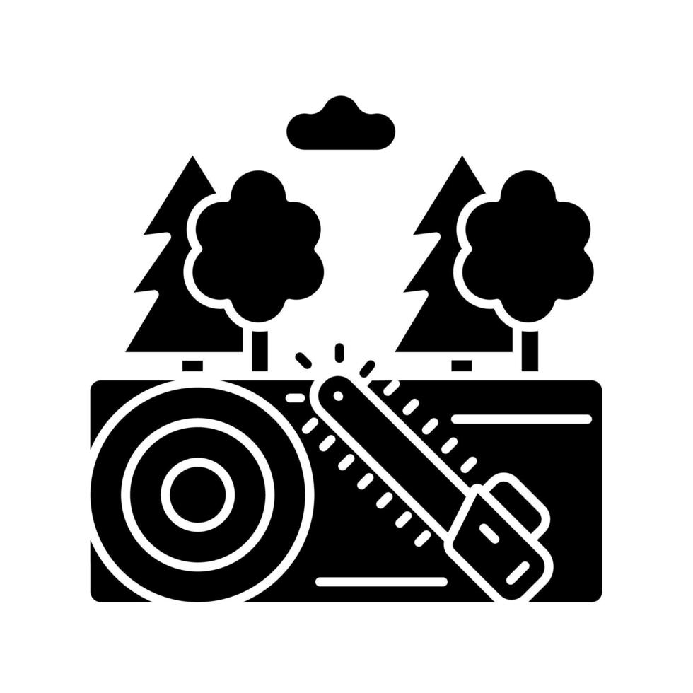 Working forest black glyph icon. Lumber industry. Cutting trees industrial area. Timber material production. Forestry business. Silhouette symbol on white space. Vector isolated illustration