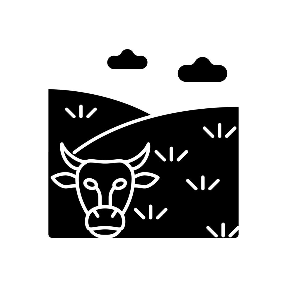 Pasture black glyph icon. Grassland and rangeland. Grass covered land type. Livestock grazing field. Forage plant growing area. Silhouette symbol on white space. Vector isolated illustration