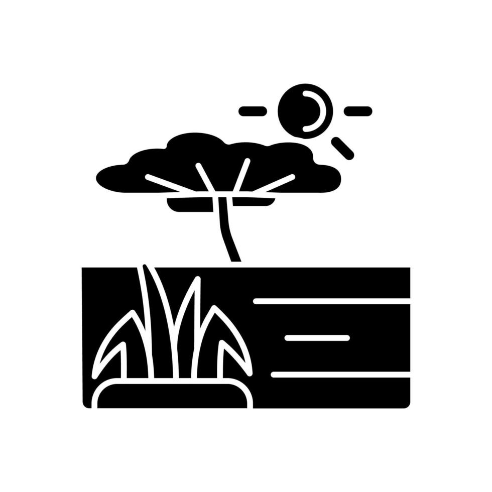 Savanna black glyph icon. African grassland and woodland. Plain tropical land with separated trees. Warm and dry climate region. Silhouette symbol on white space. Vector isolated illustration