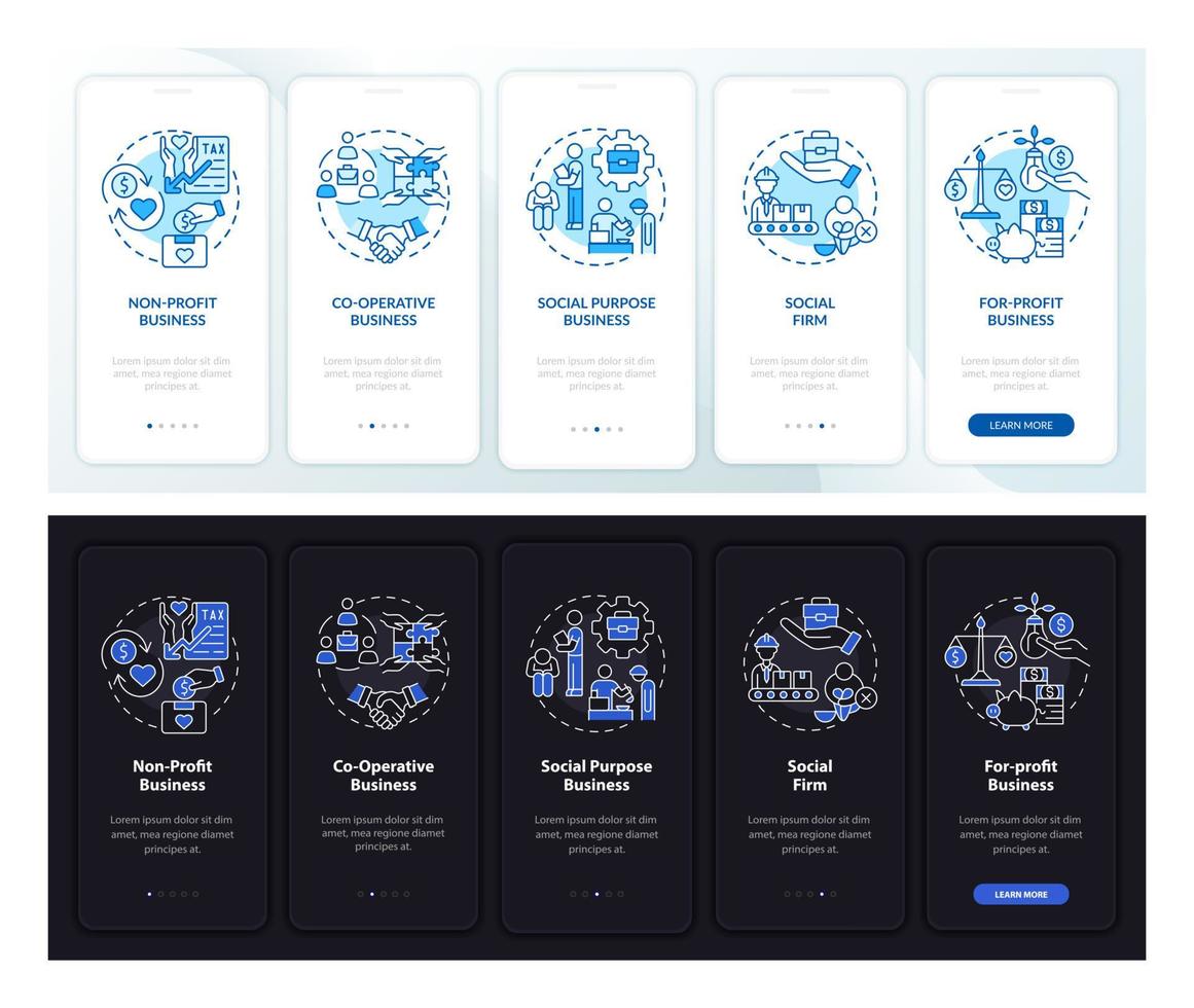 Types of social business dark, light onboarding mobile app page screen. Walkthrough 5 steps graphic instructions with concepts. UI, UX, GUI vector template with linear night and day mode illustrations
