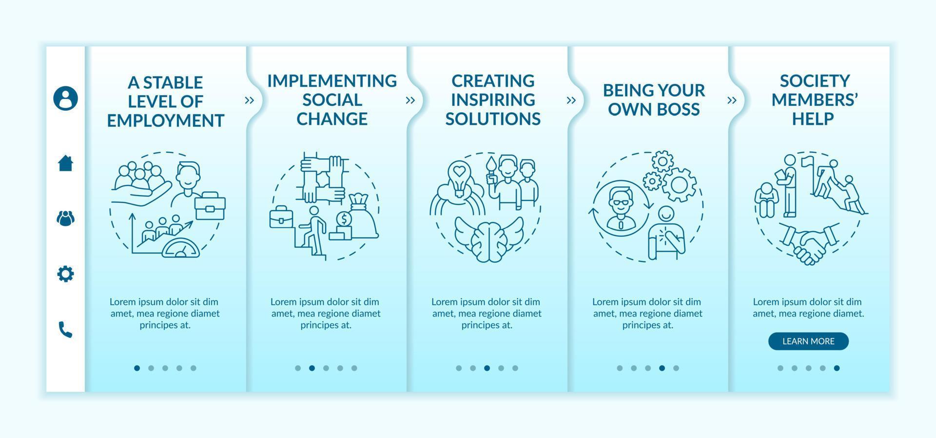 Benefits of social entrepreneurship onboarding vector template. Responsive mobile website with icons. Web page walkthrough 5 step screens. Society changes color concept with linear illustrations
