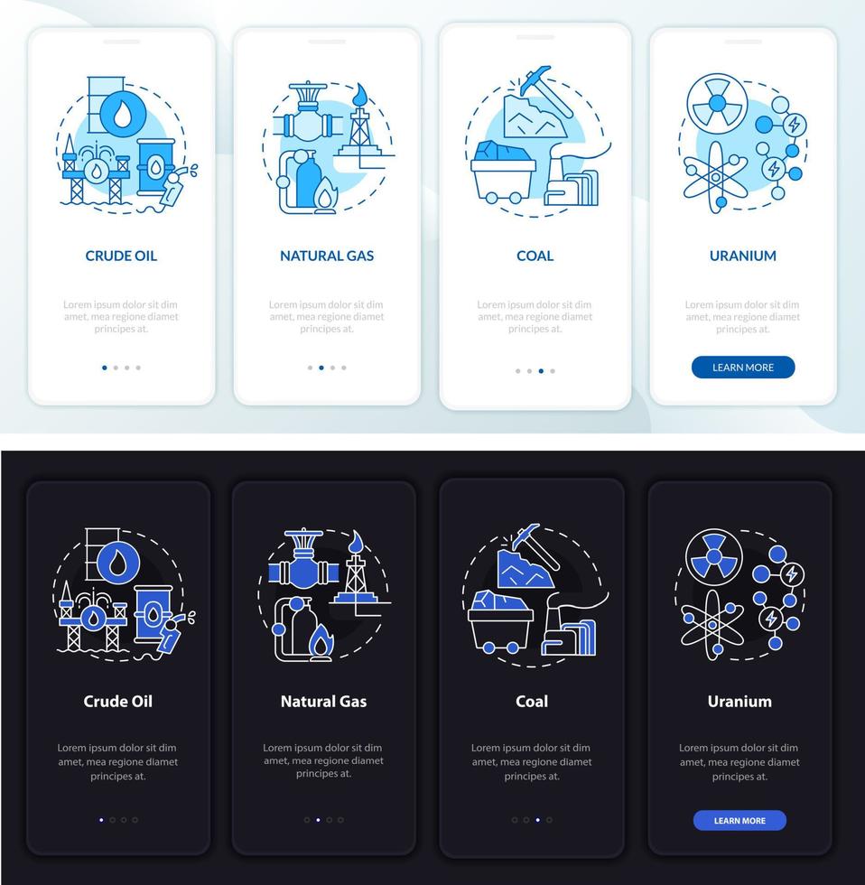 Limited sources onboarding mobile app page screen. Ecology walkthrough 4 steps graphic instructions with linear concepts. UI, UX, GUI template. Night and day mode. Myriad Pro-Bold, Regular fonts used vector