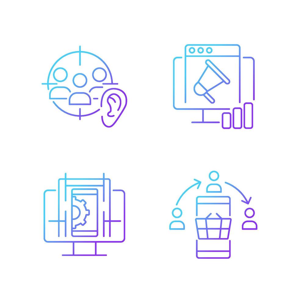 Gaining digital proficiency gradient linear vector icons set. Active listening. Researching info online. UX design. Thin line contour symbols bundle. Isolated outline illustrations collection