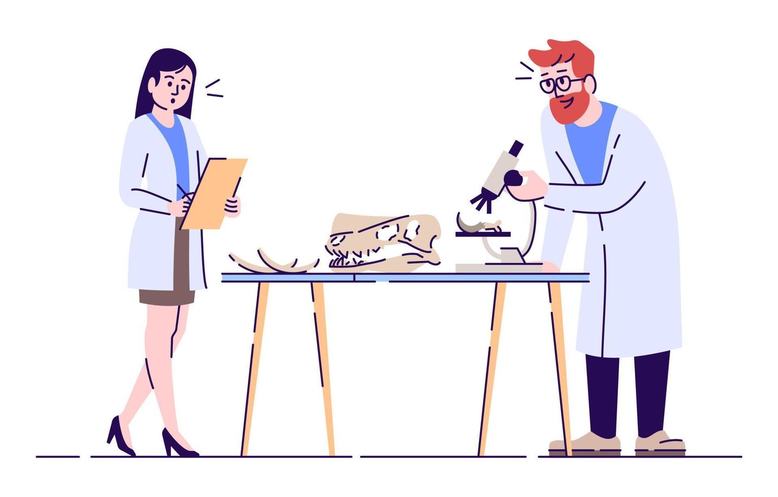 Laboratory analysis of prehistoric remains flat vector illustration. Paleontological researching. Man and woman studying old bones isolated cartoon characters with outline elements on white background