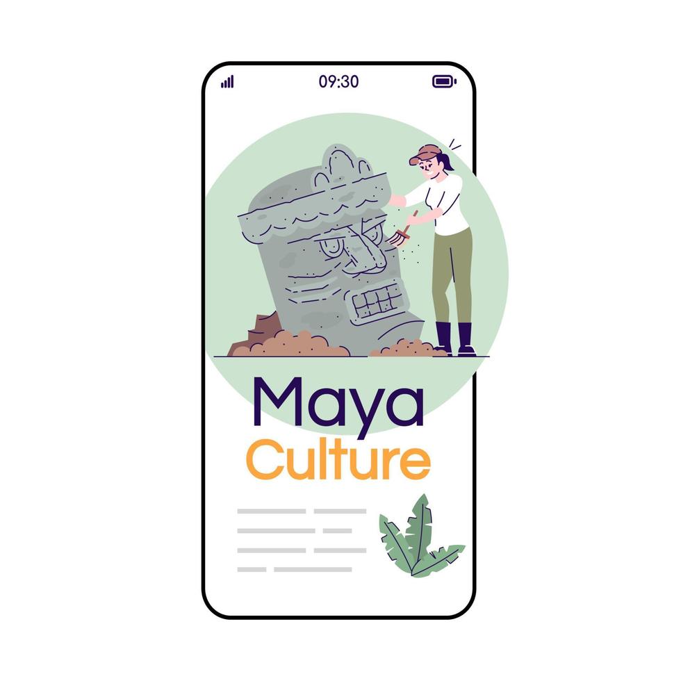 Maya culture social media posts smartphone app screen. Mobile phone displays with cartoon characters design mockup. Archeological excavations. Ancient civilization application telephone interface vector