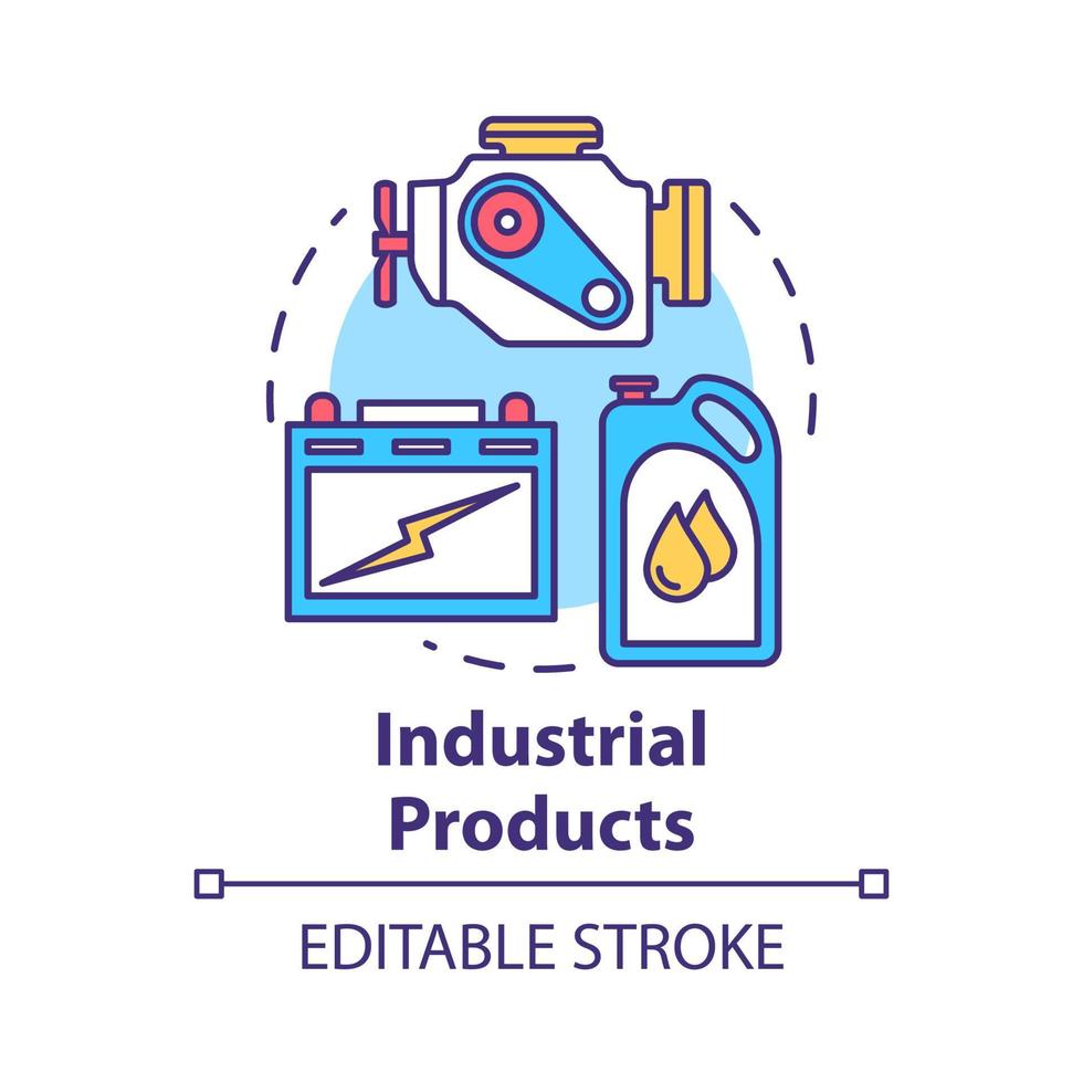 Industrial products concept icon. Production and maintenance of machinery. Maintenance workshop. Manufactured goods idea thin line illustration. Vector isolated outline drawing. Editable stroke