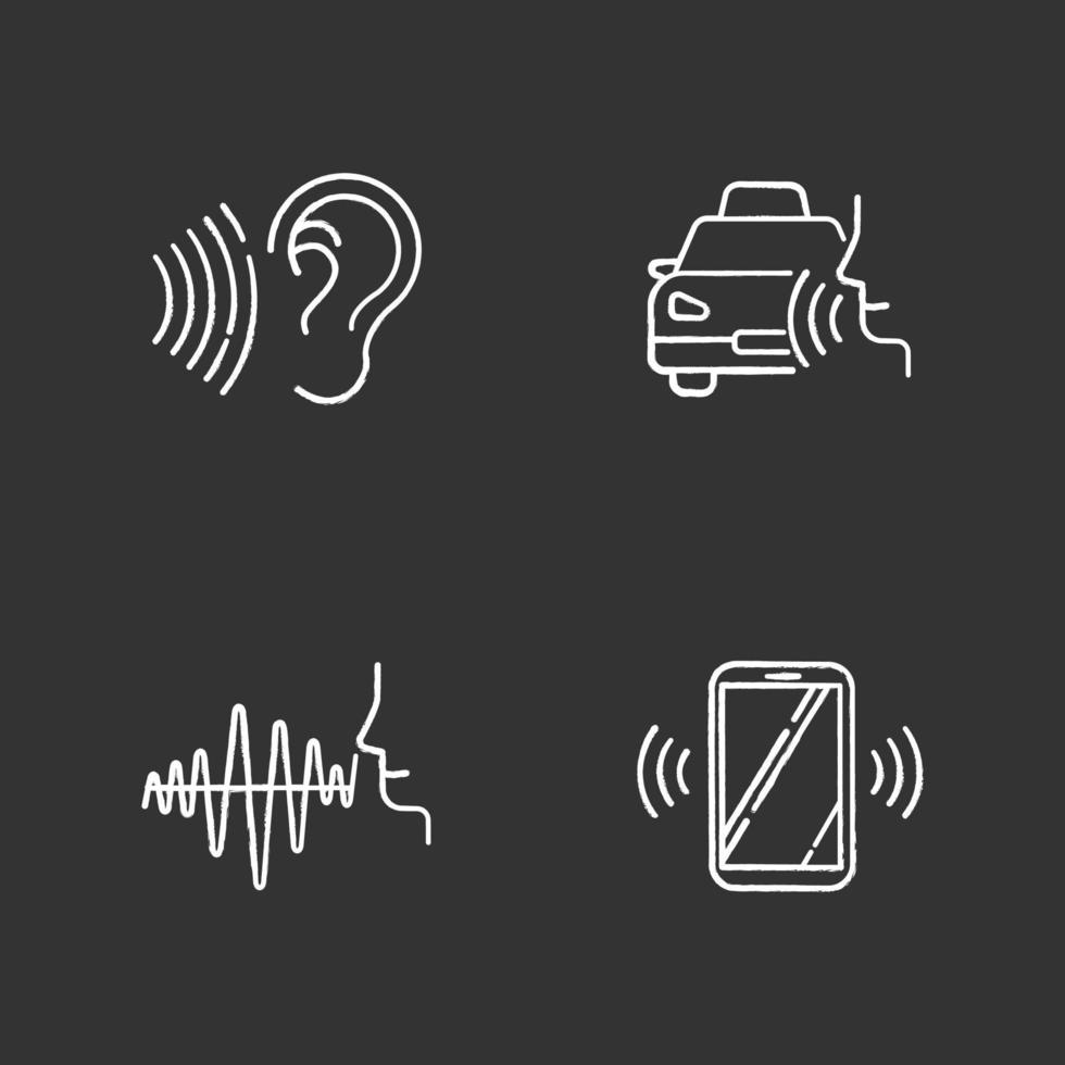 conjunto de iconos de tiza de reconocimiento de voz. idea de control de voz. onda de sonido, comando de voz, orden de taxi. sistema de respuesta interactivo. hablar y escuchar. asistente virtual. Ilustraciones de vector pizarra