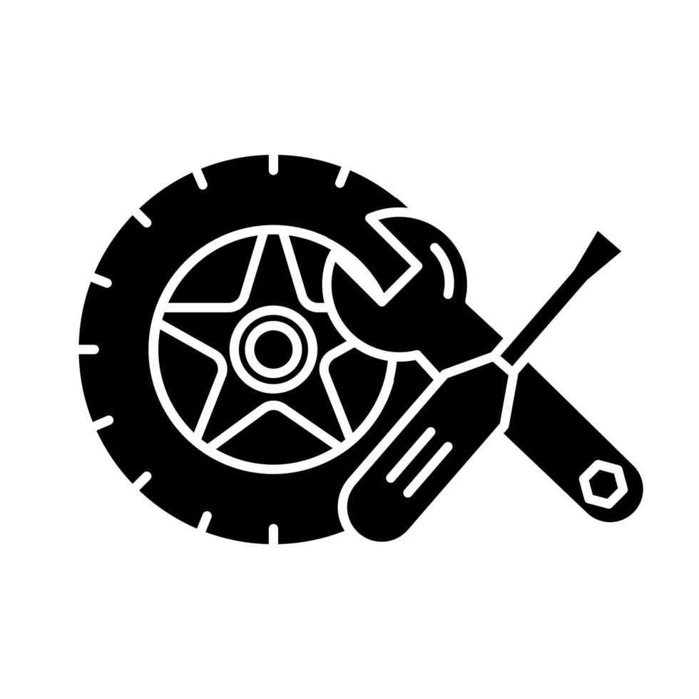 Auto parts glyph icon. Wheel and instruments. Repair service maintenance concept. E commerce department, online shopping categories. Silhouette symbol. Negative space. Vector isolated illustration