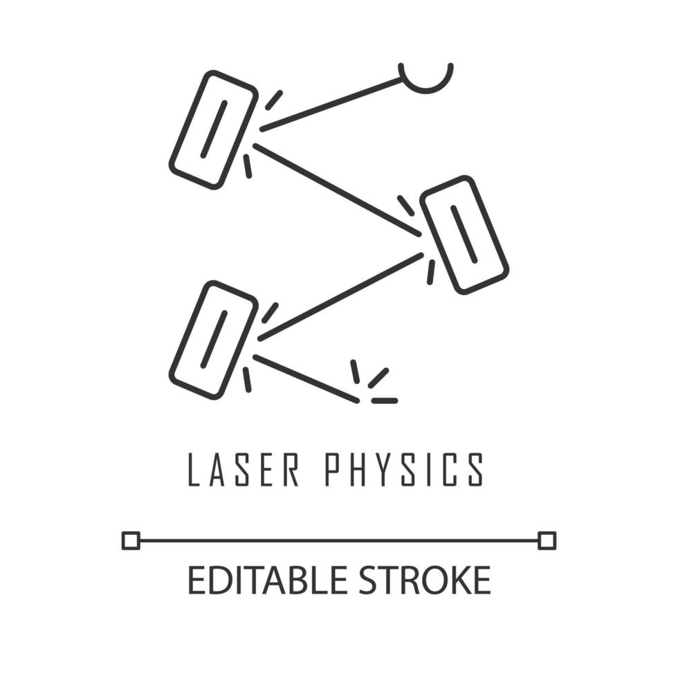 Laser physics linear icon. Quantum electronics, laser construction, optical cavity. Light reflection. Thin line illustration. Contour symbol. Vector isolated outline drawing. Editable stroke