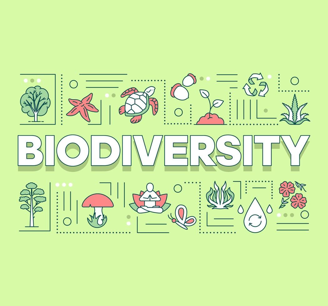 banner de conceptos de palabras de biodiversidad. reserva forestal. mantenimiento del ecosistema. vida submarina presentación, sitio web. idea de tipografía de letras aisladas con iconos lineales. ilustración de contorno vectorial vector