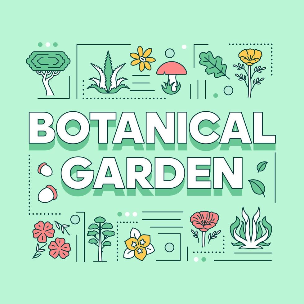 banner de conceptos de palabras de jardín botánico. follaje natural. verdor del bosque. flores y árboles. presentación, sitio web. idea de tipografía de letras aisladas con iconos lineales. ilustración de contorno vectorial vector