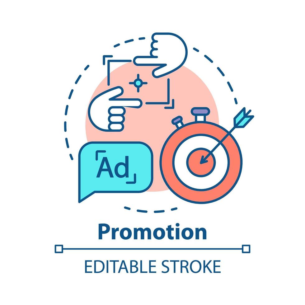 Promotion concept icon. Marketing, PR campaign idea thin line illustration. Target advertising. Customer attraction. Lead generation strategy. Vector isolated outline drawing. Editable stroke