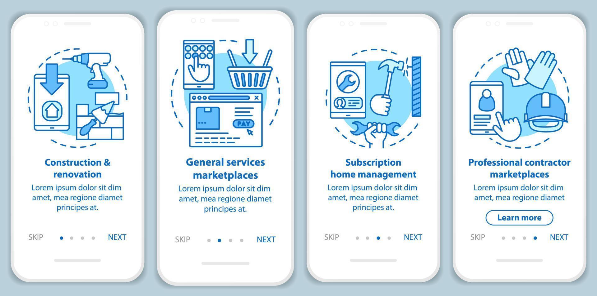 Internet marketplaces onboarding mobile app page screen with linear concepts. E commerce, customer services walkthrough steps graphic instructions. UX, UI, GUI vector template with illustrations