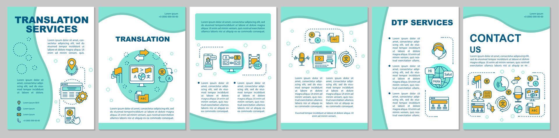 Translation services brochure template layout. Audio transcription. Flyer, booklet, leaflet print design with linear illustrations. Vector page layouts for magazines, reports, advertising posters