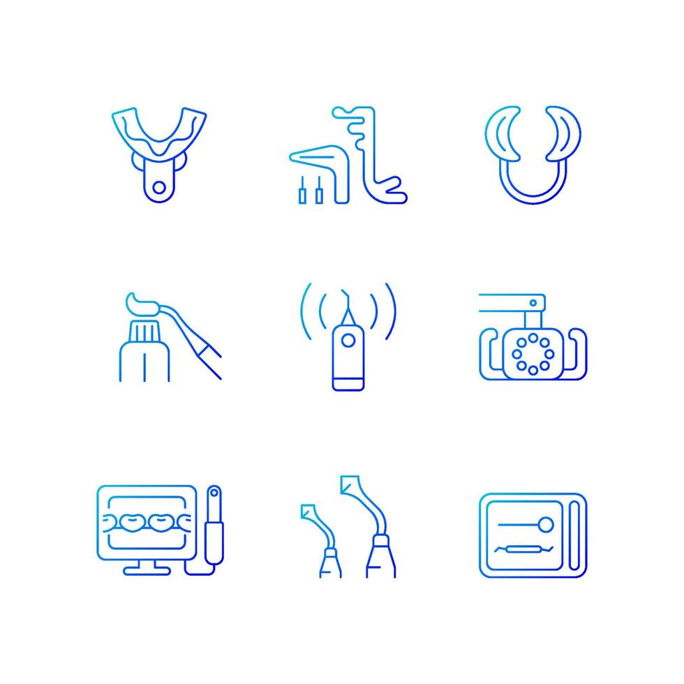 Dental check up gradient linear vector icons set. Medical devices. Impression tray. Implant maintenance. Lip retractor. Thin line contour symbols bundle. Isolated outline illustrations collection