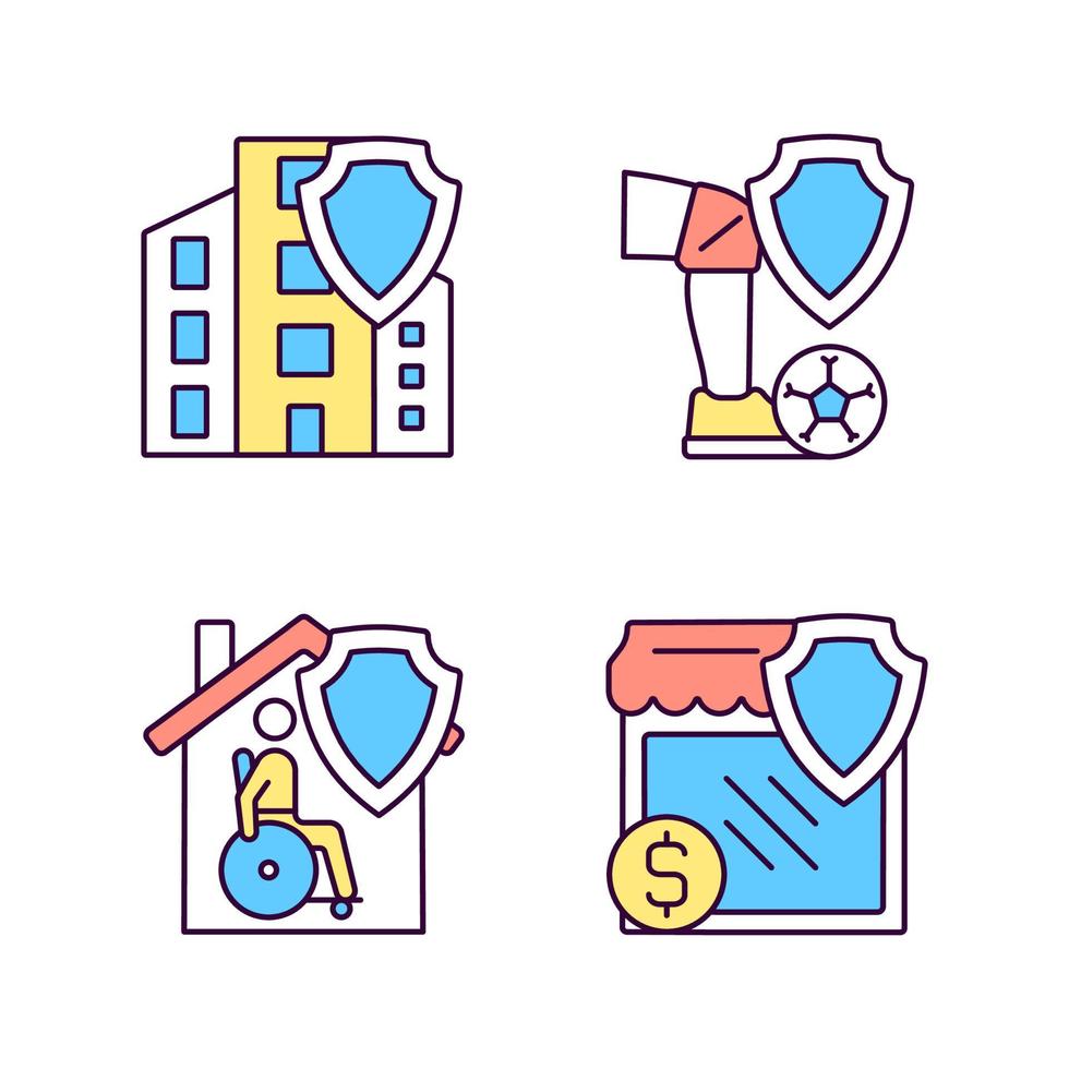 Insurance policy types RGB color icons set. Financial compensation at accidents. Customers safety in difficult situations. Isolated vector illustrations. Simple filled line drawings collection