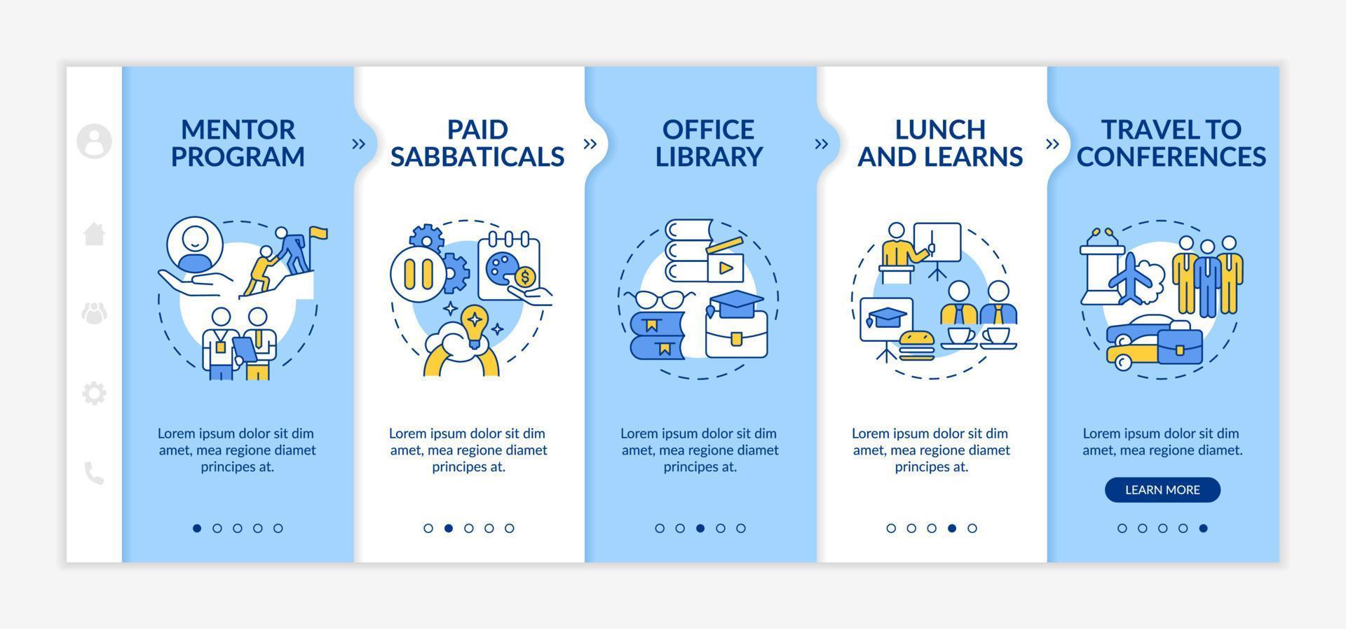 Staff development perks onboarding template. Travel to conferences. Responsive mobile website with linear concept icons. Web page walkthrough 5 step screens. Lato-Bold, Regular fonts used vector