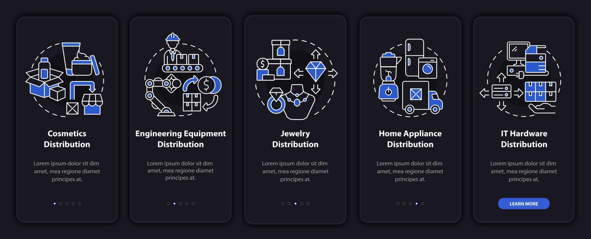 Choosing goods for distribution tips onboarding mobile app page screen. Trade walkthrough 5 steps graphic instructions with concepts. UI, UX, GUI vector template with linear night mode illustrations