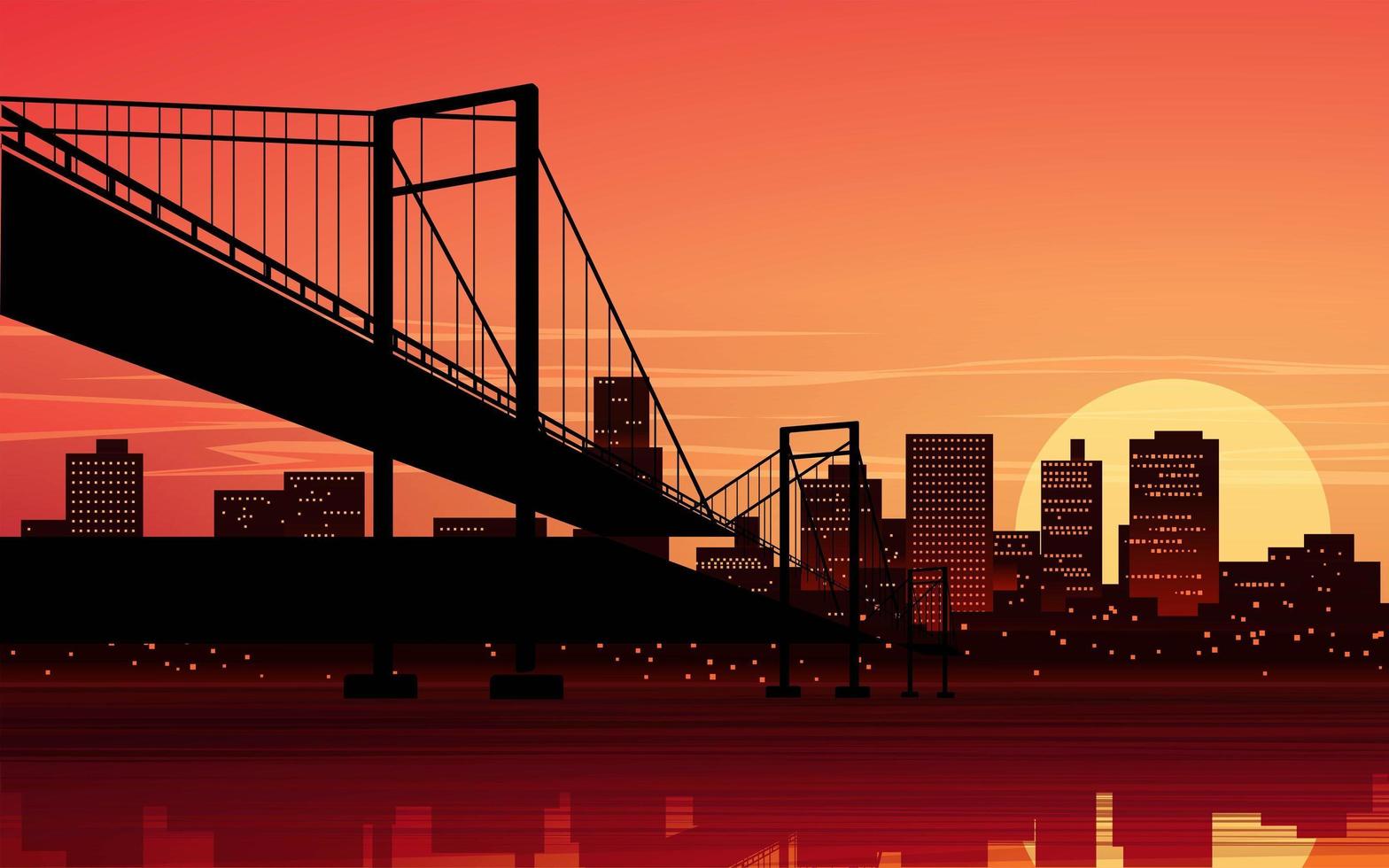 puente de la ciudad y edificios al atardecer vector