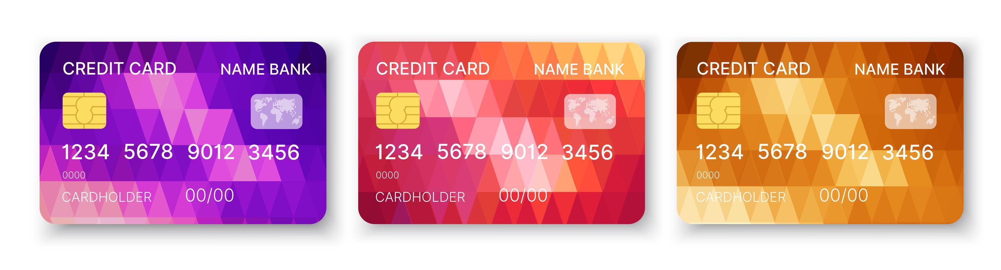 tarjetas de crédito establecen vector de plantilla multicolor con fondo de diseño geométrico triángulo abstracto con fondo de patrones. Ilustración conceptual de negocios con máscara de recorte
