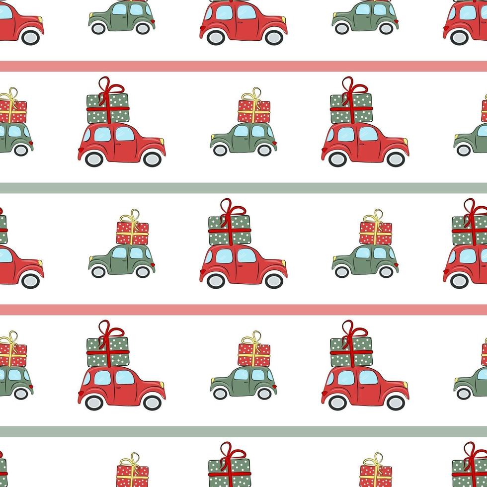 patrones sin fisuras de navidad con coches y regalos. la ilustración es excelente para envolver papel y empaquetar. vector