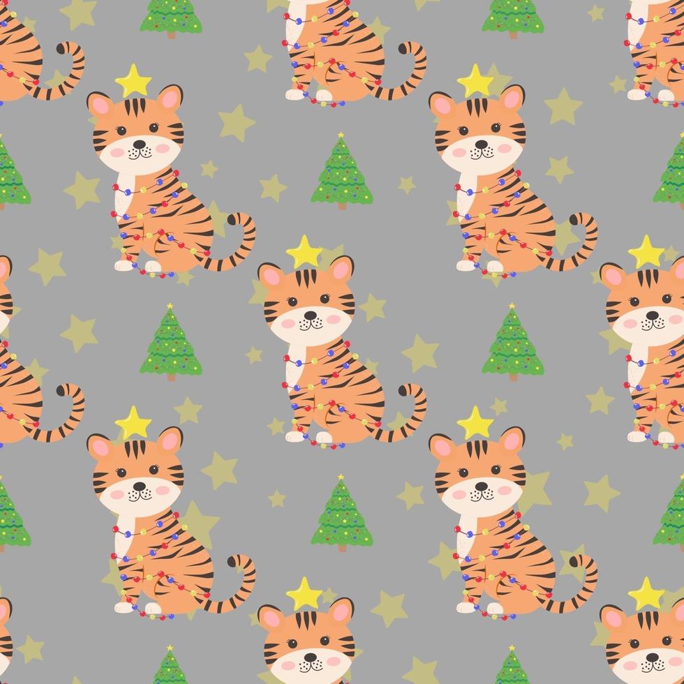 Christmas seamless pattern, with cute tiger and Christmas tree. New year concept. The illustration is great for wrapping paper and packaging. vector