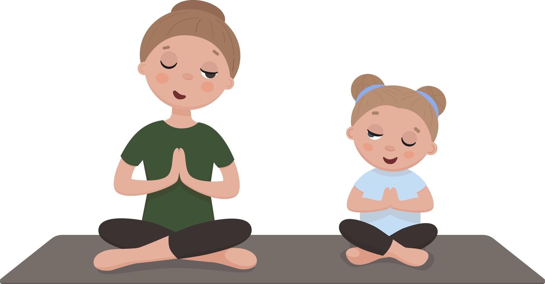 mother and daughter, woman and girl child doing yoga exercises, isolated vector illustration sport scene