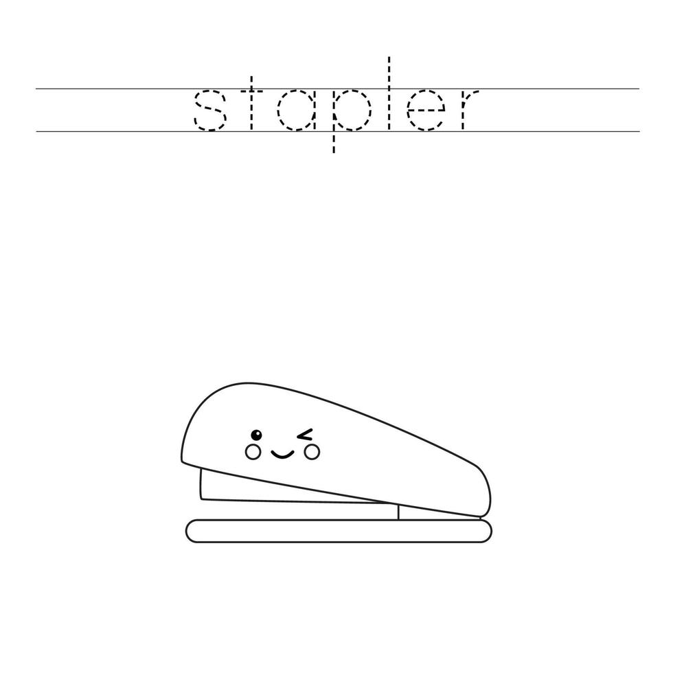 Trace and color cute kawaii stapler. Worksheet for kids. vector