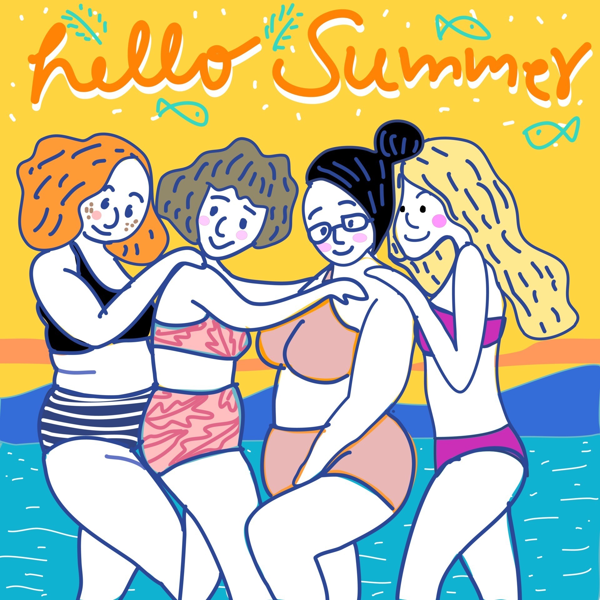 group of girls friend in bikini on the beach in summer with blue sea  mountain and sunset sky hand drawn cartoon  friends group.  5652683 Vector Art at Vecteezy