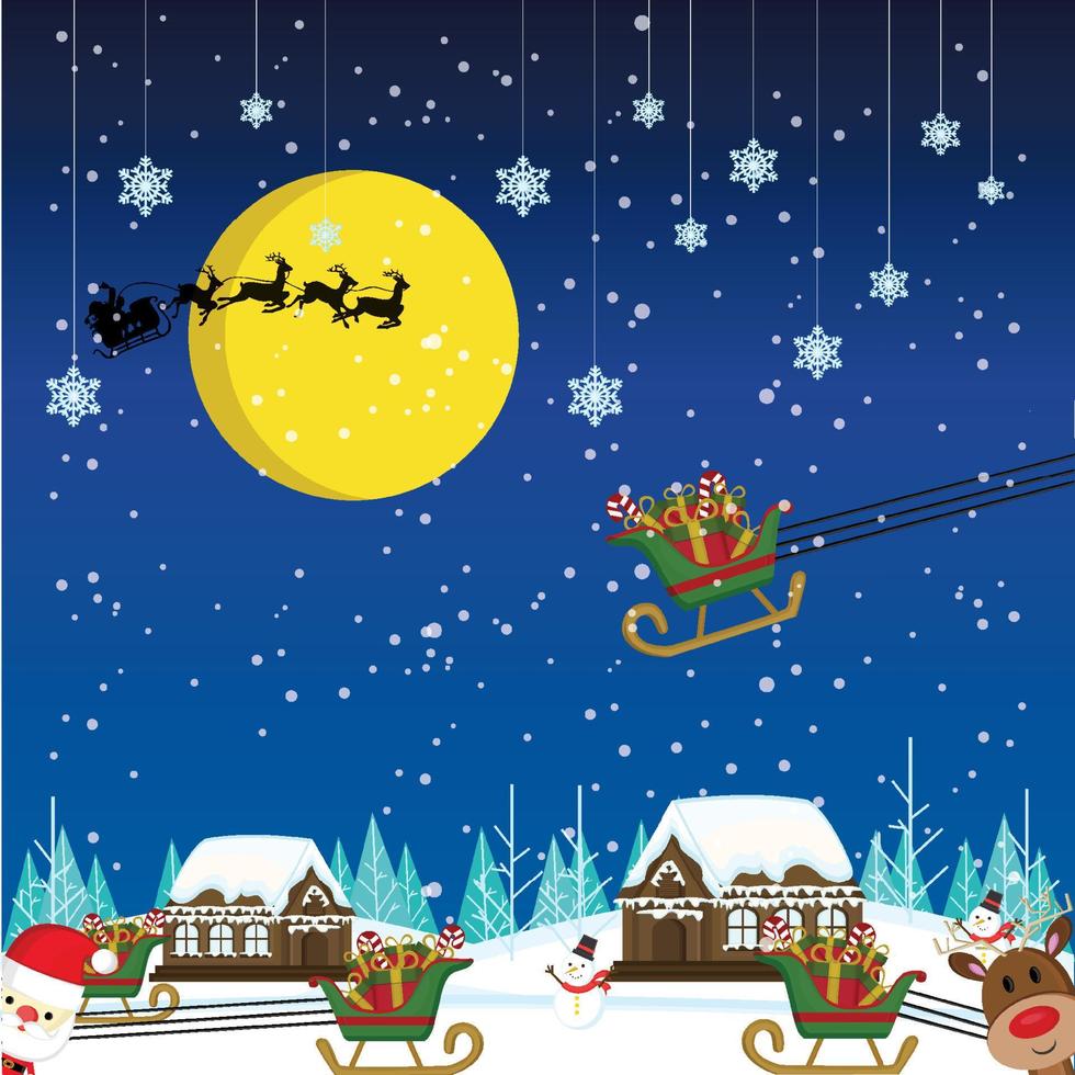 Christmas landscape with Santa Claus and snowman with moon and the silhouette of Santa Claus flying vector