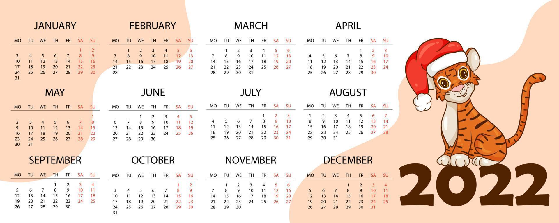 Calendar design template for 2022, the year of the tiger according to the Chinese or Eastern calendar, with an illustration of the tiger. Horizontal table with calendar for 2022. Vector