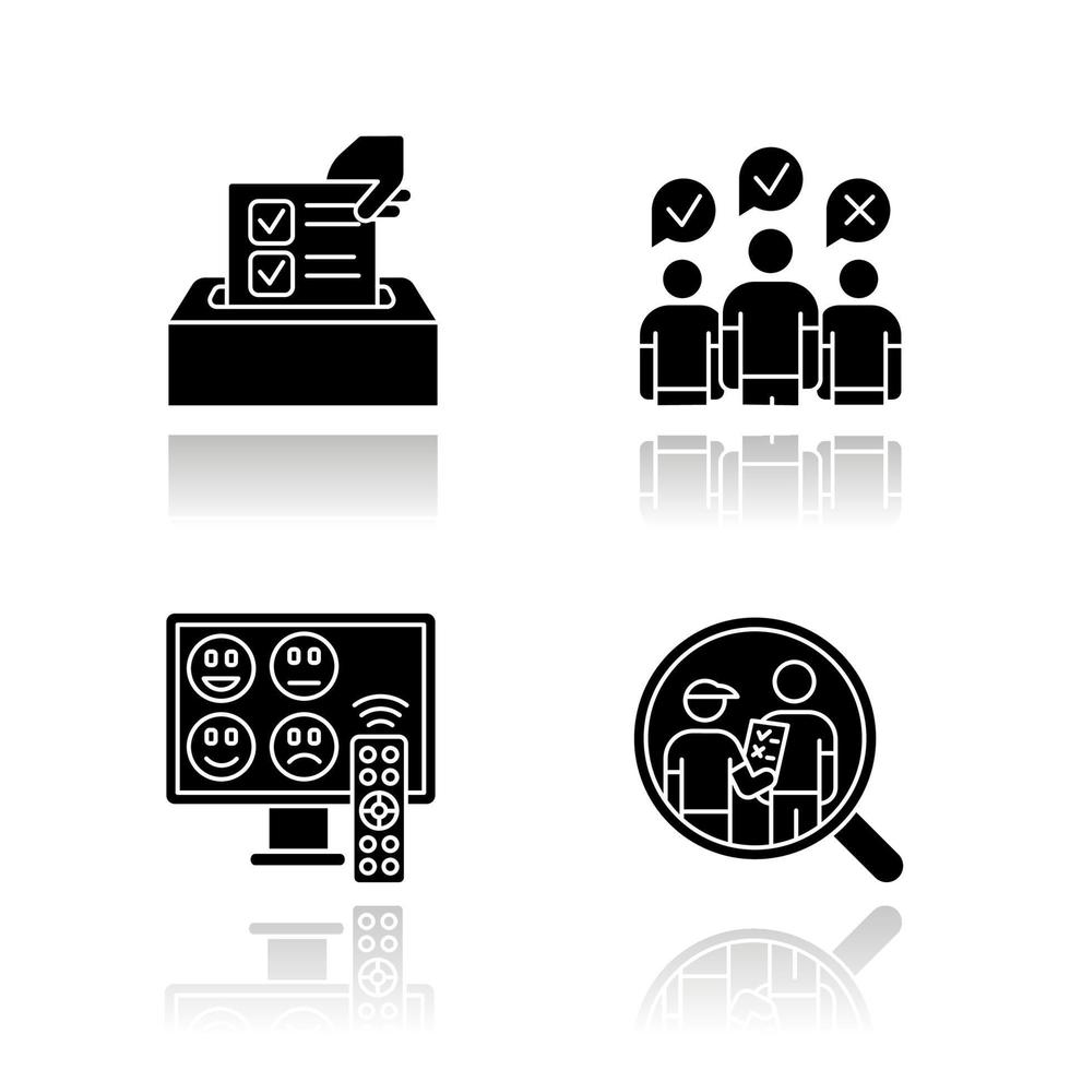 Survey methods drop shadow black glyph icons set. Anonymous poll, TV channel rating. Focus group. Interview. Public opinion. Customer review. Feedback. Data collection. Isolated vector illustrations